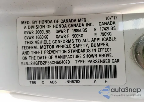 2012 Honda Civic Lx z USA, uszkodzony, nr VIN 2HGFB2F55CH604079